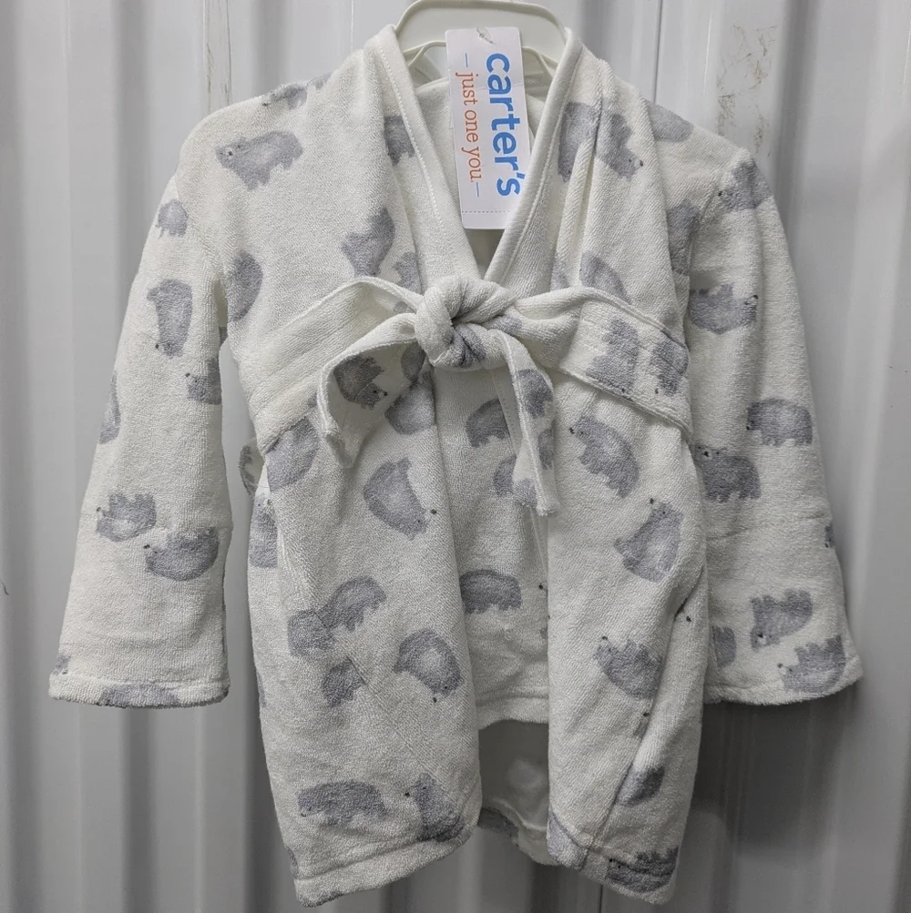 Carter's White and Gray Baby Robe with Animal Design